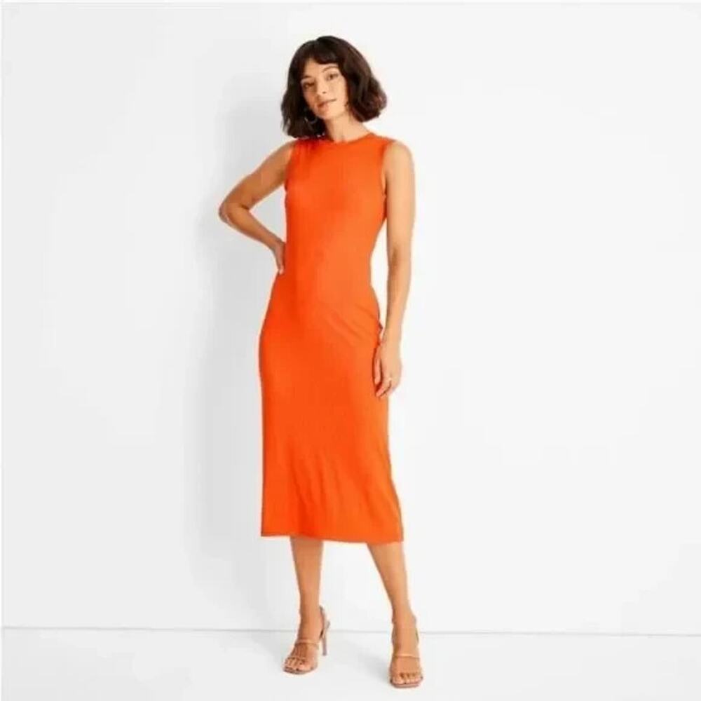 Future Collective x Kahlana Barfield Brown Womens Midi Dress Sz 3X Orange Ribbed - Picture 1 of 9